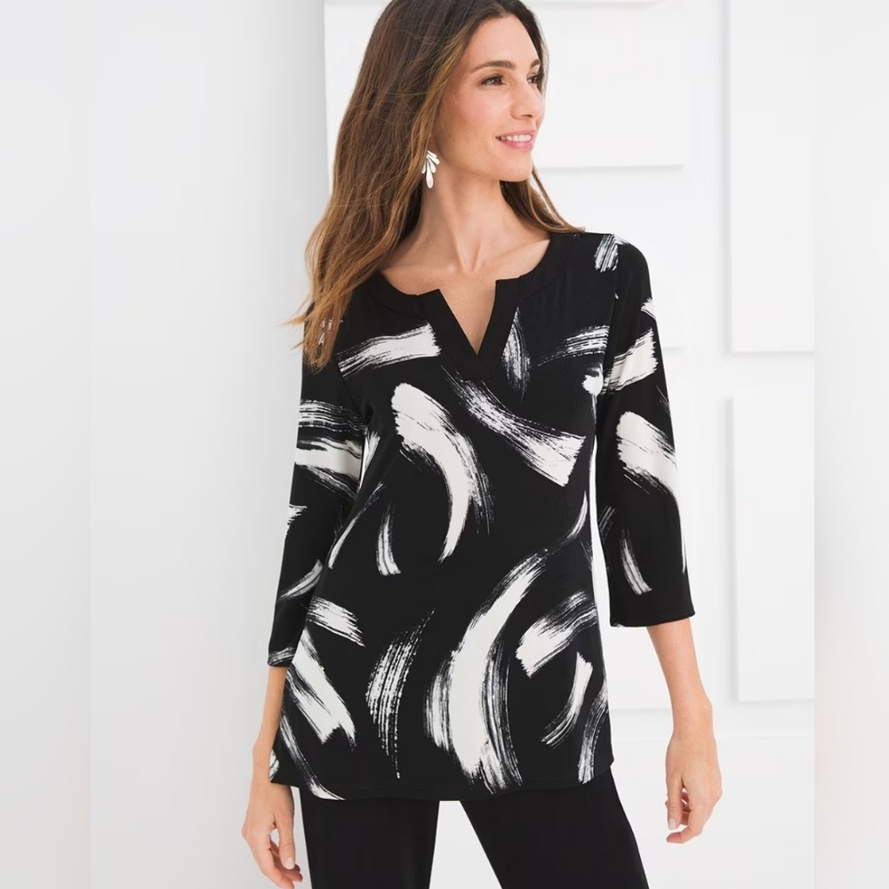 Chico's Black & White Stretch Split Neck Top Tunic